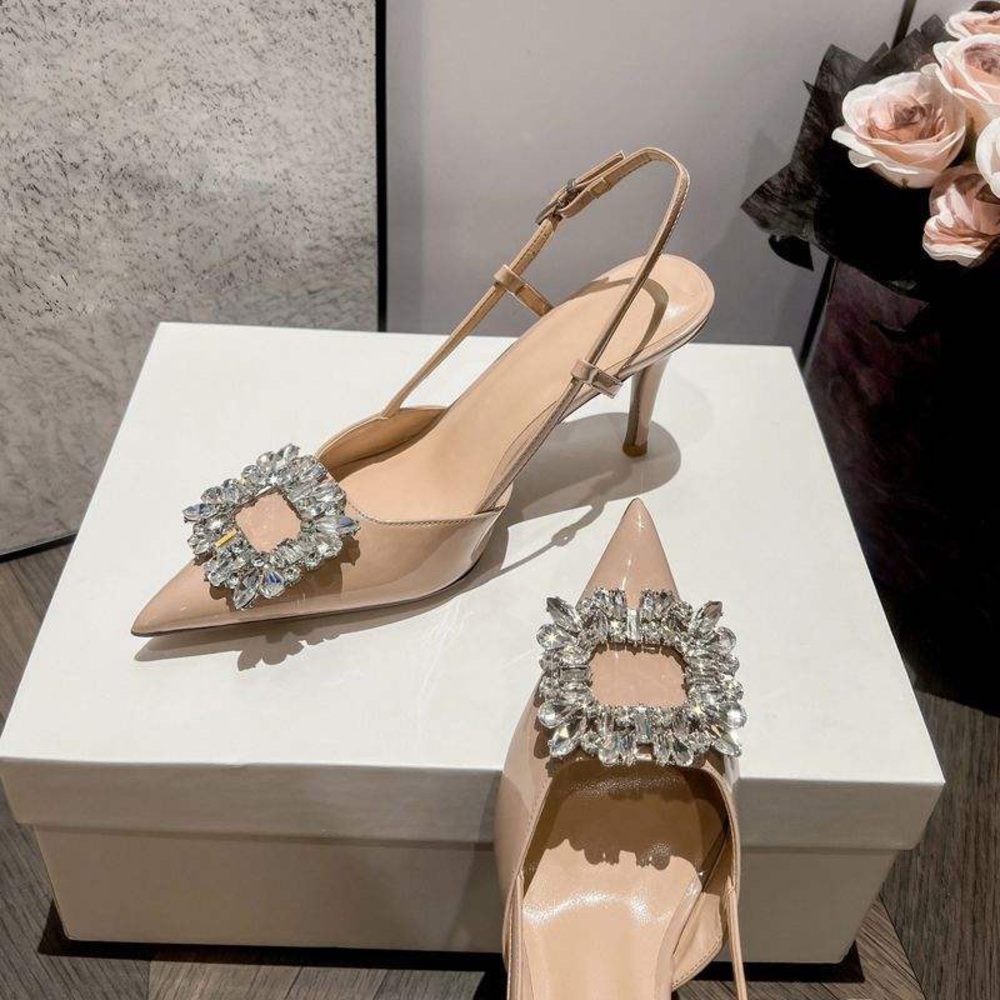 Elegant Beige Slingback Heels with Crystal Detail